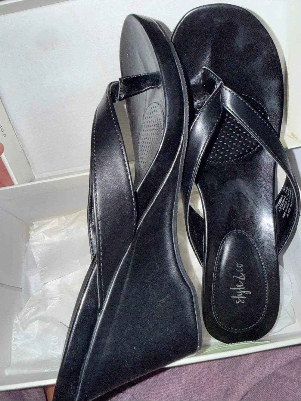 Style & Co. Black Patent Wedge Thong Sandals